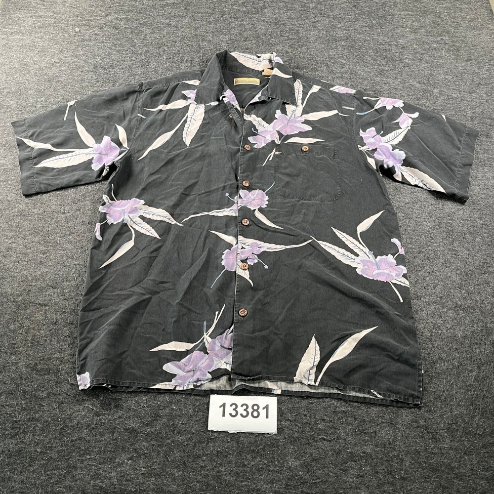 Bobby Chan Hawaiian Shirt Mens Medium Gray Floral Silk Short Sleeve Beach Summer